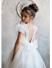 Short Sleeve Ivory Organza Deep V Back Flower Girl Dress